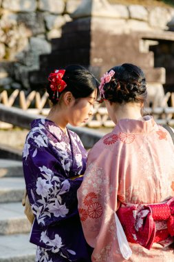Japonya, Kyoto 'da kimono giyen iki genç Japon kadının dikey çekimi.