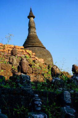 Kuzey Rakhine Eyaleti, Myanmar 'daki Mrauk-U' daki Budist heykellerin dikey çekimi.