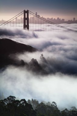 Golden Gate Köprüsü 'nün San Francisco, Kaliforniya' da yoğun sisle kaplı güzel bir görüntüsü.