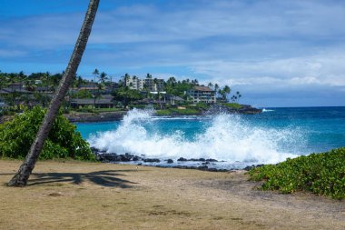 Hawaii 'nin Kauai adasındaki sahile vuran dalgaların güzel bir manzarası.