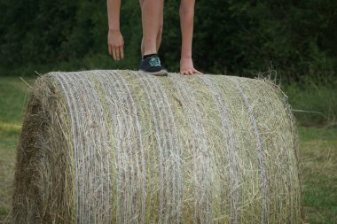 Yuvarlak balyaya tırmanan genç adam..