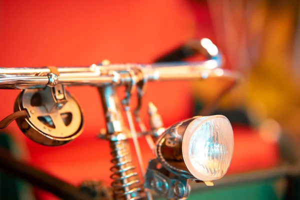 Closeup Headlight Shiny Retro Bicycle Blurry Background — Stock Photo, Image