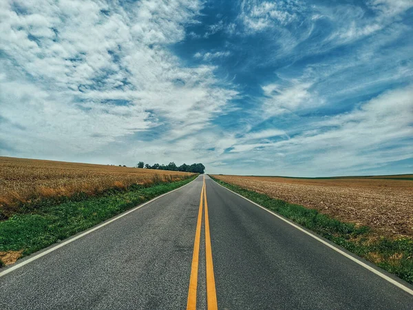 Fluchtpunkt Einer Asphaltierten Landstraße Unter Wolkenverhangenem Himmel — Stockfoto