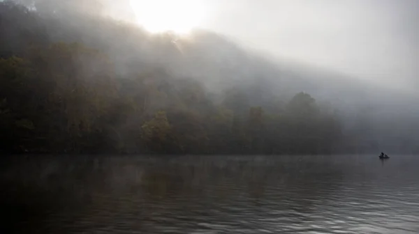 Vue Panoramique Forêt Dense Brouillard Spectaculaire Ciel Nuageux Reflétés Dans — Photo