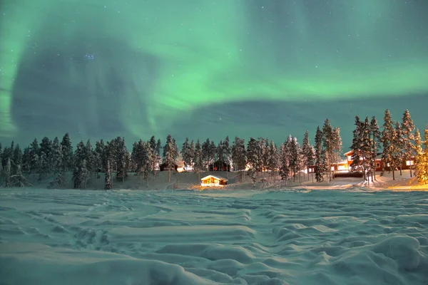 フィンランド ラップランドの空に木とオーロラが浮かぶ美しい雪景色 — ストック写真
