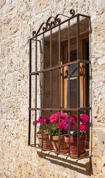 Vertical Shot Stone Wall Window Iron Grilles Pots Beautiful Pink — Stock Photo, Image