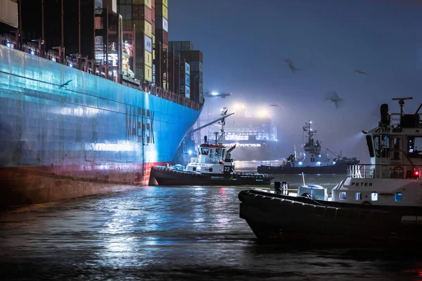 霧に包まれた雰囲気の中 ハンブルク港でのコンテナ船やタグボートの夜間撮影 — ストック写真