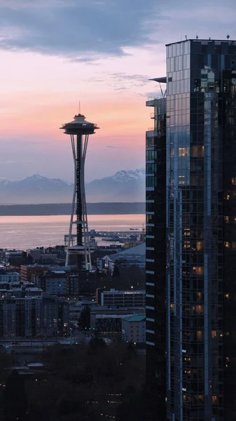 Una Silhouette Dello Space Needle Tramonto — Foto Stock