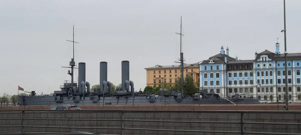 Beautiful Panoramic Shot Cruiser Aurora Museum Ship Sunset Saint Petersburg — Stock Photo, Image