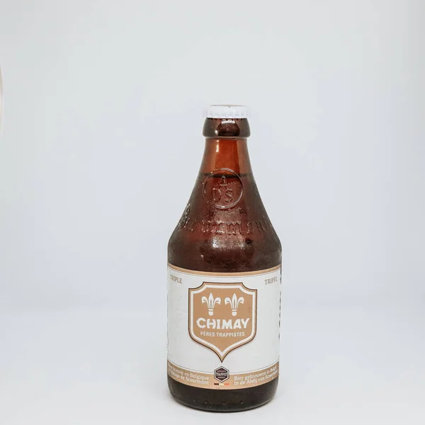 Glass Bottle Chimay Trappist Beer Isolated Gray Background — Stock Photo, Image