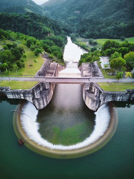 Aerial Top View Water Dam Construction Surrounded Greenery — Stock Photo, Image