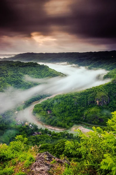Hermoso Paisaje Río Sinuoso Denso Bosque Día Nublado —  Fotos de Stock