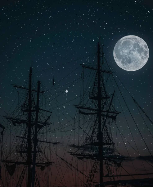 Beautiful View Background Silhouetted Ships Sails White Moon Start Vista — Stock Photo, Image