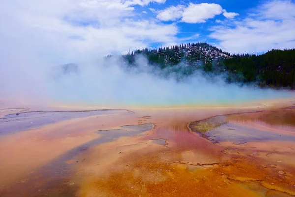 Krásné Termální Vody Yellowstone Zalesněnými Horami Jasnou Oblohou Pozadí — Stock fotografie