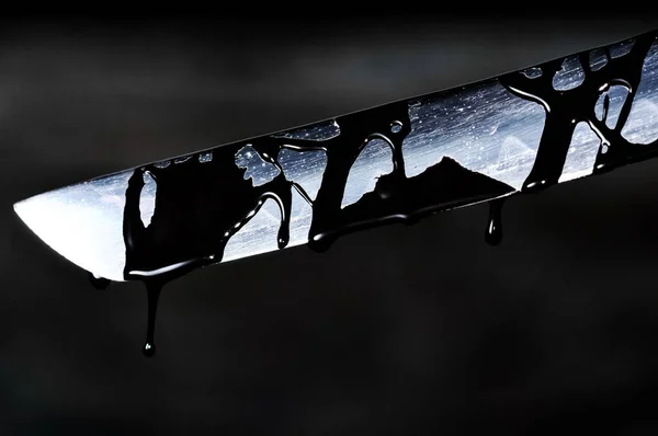 Sharp Katana Sword Blade Dripping Black Color Painting — Stock Photo, Image