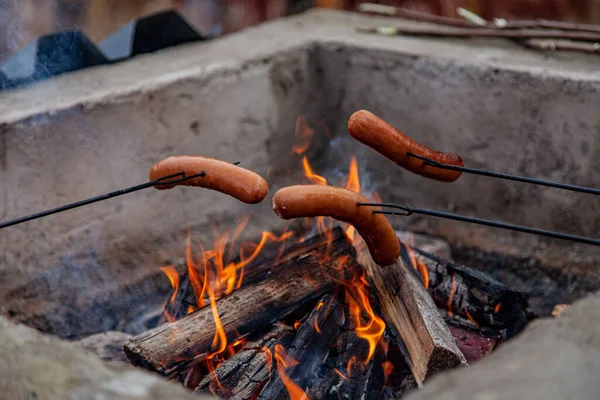 Närbild Korv Som Grillas Lägereld — Stockfoto