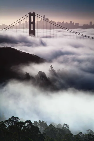 Uma Bela Foto Golden Gate Bridge Coberta Com Densa Névoa — Fotografia de Stock