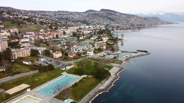 Vue Aérienne Piscine Pully Contre Une Mer Bleue Lausanne Suisse — Photo