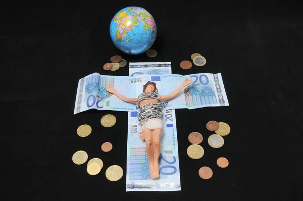 Jesus Christus Und Das Geld Auf Dunklem Hintergrund Religionskonzept — Stockfoto
