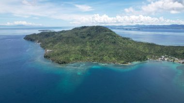 Küçük ve güzel yeşil bir Filipinler adasının insansız hava aracı görüntüsü bulutlu bir gökyüzünün altında turkuvaz suyu