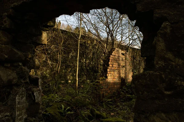 The derelict building with ruined walls. The Saltings, Scotland.