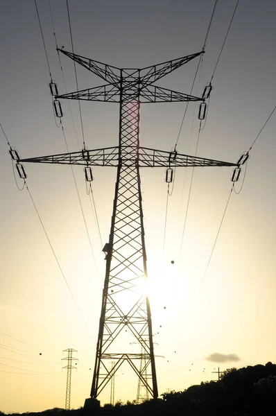 Electric Power Line Pylon Colored Sunset — Stock Photo, Image