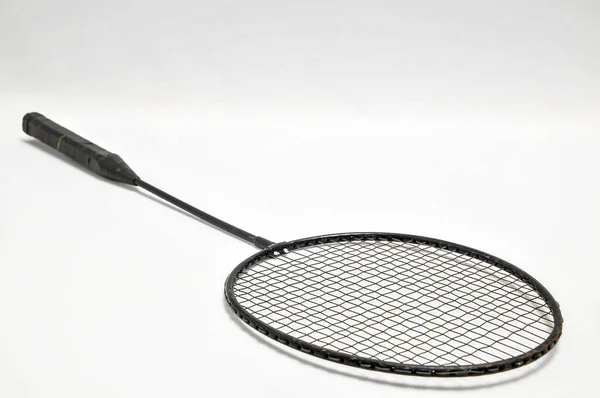 Vintage Gamla Använt Svart Racket Vit Bakgrund — Stockfoto