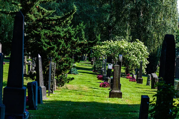 Gravstenarna Kyrkogården Omgivna Grön Vegetation — Stockfoto