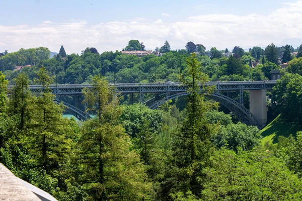 Sviçre Bern Mavi Gökyüzünün Altında Ağaçlarla Çevrili Aare Nehri Üzerindeki — Stok fotoğraf