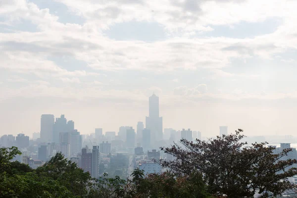 Una Silhouette Dello Skyline Kaohsiung Downtown Dalla Montagna Shoushan — Foto Stock