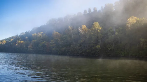 湖に映る鬱蒼とした森 劇的な霧と曇り空のパノラマビュー — ストック写真