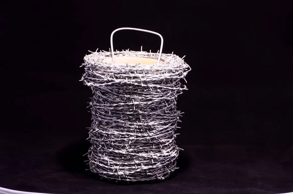 Roll Barbed Wire Black Background — Stock Photo, Image