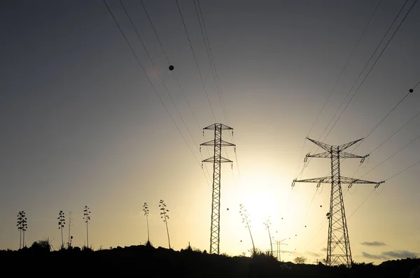 Electric Power Line Pylon Colored Sunset — Stock Photo, Image