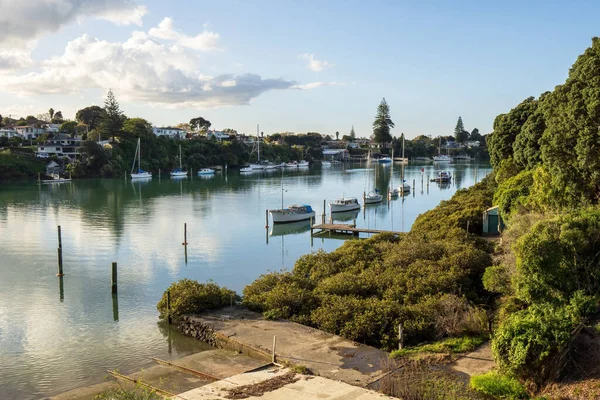 Tamaki Nehri Nin Auckland Yeni Zelanda Demirli Tekneleriyle Hava Manzarası — Stok fotoğraf