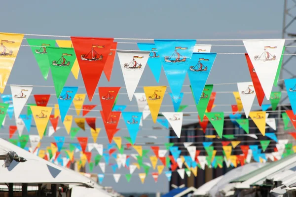 Selective Focus Shot Colorful Triangular Flags Street Market Tallinn Estonia — Stock Photo, Image