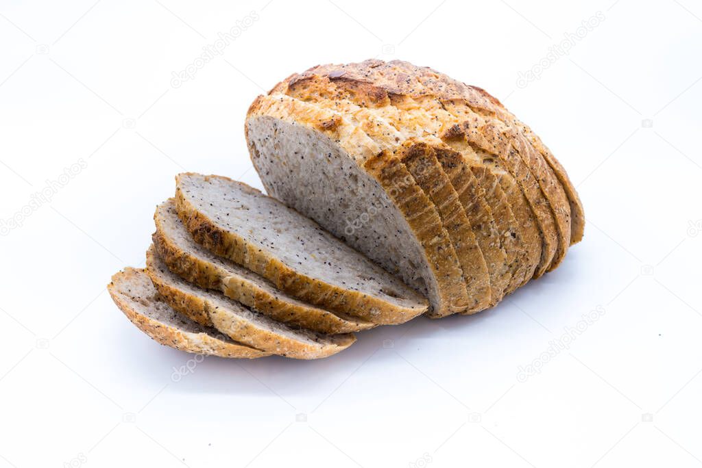 A closeup shot of sourdough bread with seeds isolated on a white background