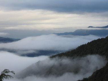 Yeşim Dağı olarak da bilinen Yushan 'ın güzel manzarası ve Tayvan' da sisli bir günde tepeler.