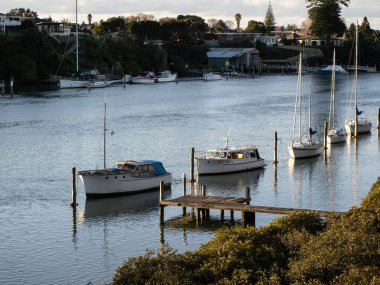 Tamaki Nehri 'nin (Auckland, Yeni Zelanda) demirli tekneleriyle hava manzarası. Stok fotoğrafı.