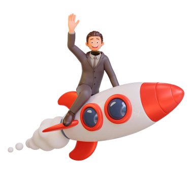 Roketteki mutlu bir erkek figürünün 3 boyutlu görüntüsü.