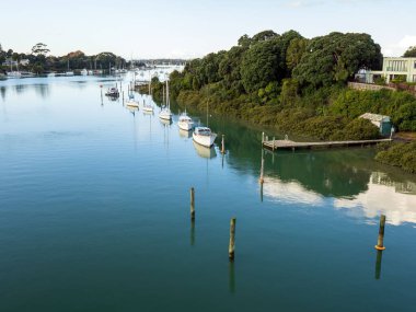 Tamaki Nehri 'nin (Auckland, Yeni Zelanda) demirli tekneleriyle hava manzarası