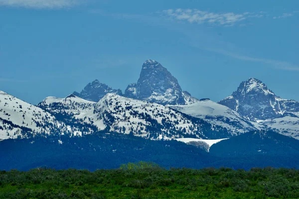 Een Schilderachtig Uitzicht Bergketen Bedekt Met Bomen Sneeuw Onder Een — Stockfoto