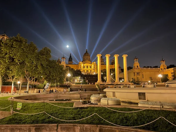 Iluminado Palacio Nacional Montjuic Por Noche Barcelona España —  Fotos de Stock