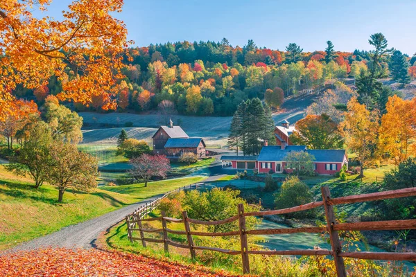 Woodstock, Vermont dağlarındaki evlerin sonbahar erken dönem yeşillik sahnesi