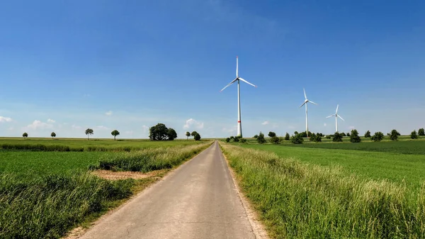 Empty Cycle Path Middle Fields Background Wind Turbines — Stock Photo, Image