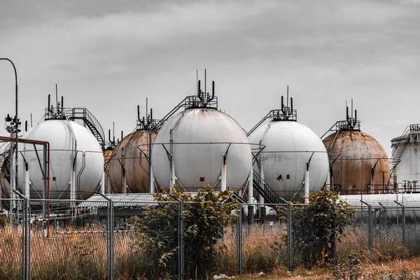 A shot of natural gas storage tanks in sphere shape in Okayama, Japan