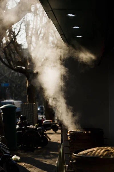 一个街头摊贩从蒸饺子里冒出的蒸汽的垂直镜头 — 图库照片
