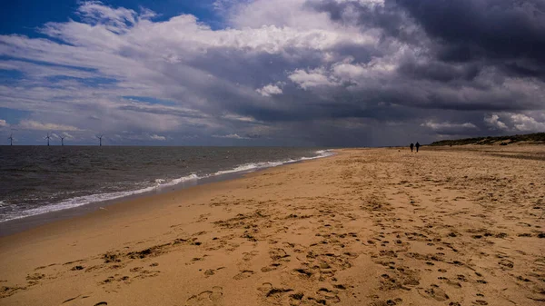 Aerial View Sandy Beach Footprints Sea Cloudy Sky — Stock Photo, Image