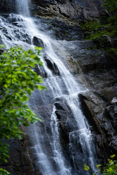 Disparo Vertical Una Cascada Que Fluye Sobre Acantilado Bosque —  Fotos de Stock