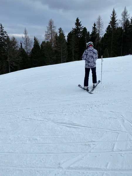 Vertikal Bild Ung Person Som Åker Skidor Ett Snöigt Berg — Stockfoto