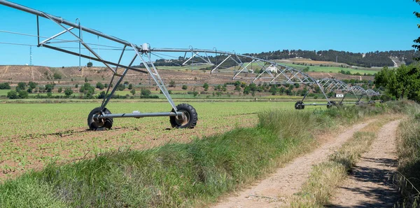 Eine Perspektivische Aufnahme Einer Sprinkleranlage Auf Einem Landwirtschaftlichen Feld — Stockfoto